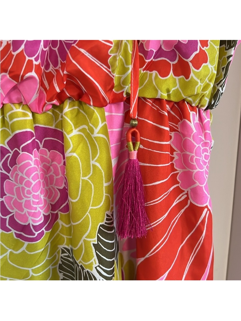 Trina Turk Mahalo Dress 100% Silk Tiered Elastic Waist - Size L - Picture 7 of 11